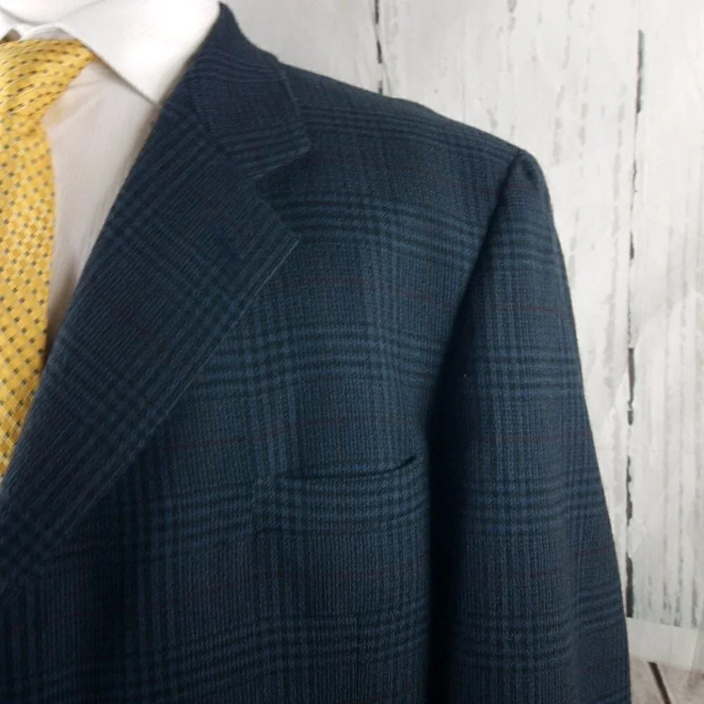 Corporate Gear Munsing Wear 46L Lambswool 3 Button Blue Plaid Suit Blazer Jacket
